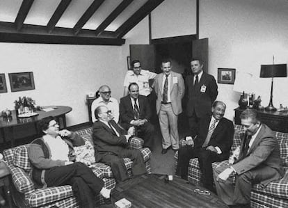 A meeting at Camp David of Egyptian President Anwar Sadat and Israeli Prime Minister Menachem Begin and their aides at Camp David, Maryland, September 7, 1978.