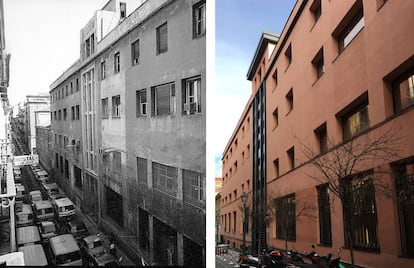 El edificio del diario 'Informaciones' hacia 1970 (izquierda) y en la actualidad.