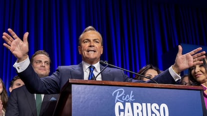 Businessman and billionaire Rick Caruso speaks to supporters at an election night event.