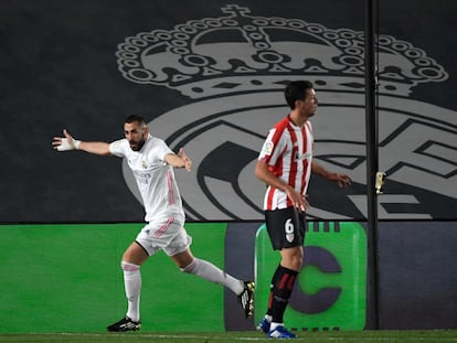 Benzema celebra su primer gol ante el Athletic este martes en Valdebebas.