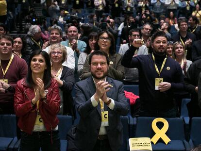 Desde la izquqierda, Marta Vilalta, Pere Aragonès, Roger Torrent y Gabriel Rufián, este sábado en el congreso de ERC. 