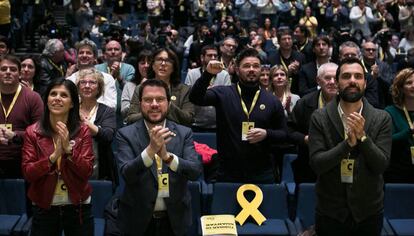 Desde la izquqierda, Marta Vilalta, Pere Aragonès, Roger Torrent y Gabriel Rufián, este sábado en el congreso de ERC. 