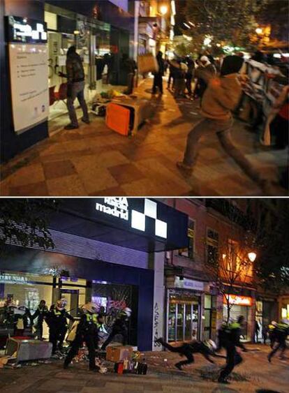 Arriba, varios jóvenes antisistema atacan con cubos de basura, cajas y botellas la sede de la Policía Municipal en la calle de Montera. Abajo, los agentes repelen el ataque y persiguen, armados con porras y protegidos con cascos, a los asaltantes.