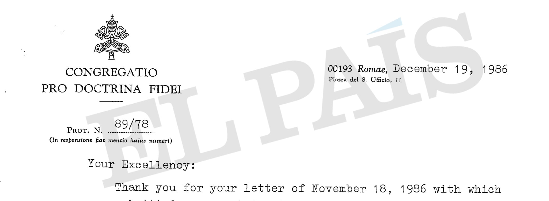 Encabezamiento de la carta escrita por Joseph Ratzinger en diciembre de 1986 a un obispo de EE UU, para autorizar que un cura oficiara misa con mosto, por sus problemas de alcoholismo. A diferencia de la carta similar enviada a Múnich en las mismas fechas, sí tiene número de protocolo.