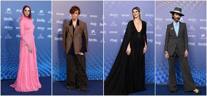 De izquierda a derecha, Macarena Gómez, Guitarricadelafuente, Clara Lago y Leiva, en la alfombra roja de los premios Goya 2023, celebrados este sábado en Sevilla.