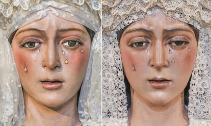 La imagen de la Macarena, antes y después de su restauración.