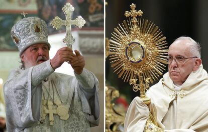 El patrtiarca de la Iglesia ortodoxa rusa Cirilo, a la izquierda, y el papa Francisco.