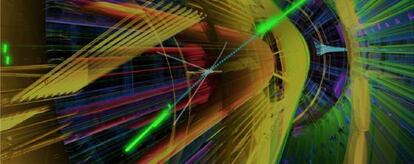 Ilustraci&oacute;n de colisiones de protones a alta energ&iacute;a en el acelerador de part&iacute;culas LHC.