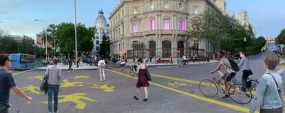 Propuesta de un grupo de arquitectos, activistas y asociaciones de ciclistas para la peatonalización de la capital durante las fases de la desescalada, con la que podria comenzarse a dibujar una red ciclista en Madrid. |