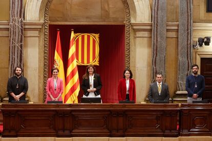 De izquierda a derecha, Ferran PedretAnna Caula (ERC); , Laura Borras (Junts); Eva Granados (PSC) y Jaume-Alonso Cuevillas (Junts) y Ruben Wagensberg (ERC).