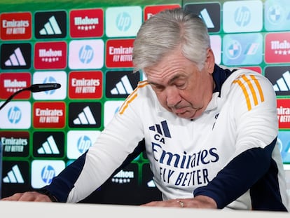 Carlo Ancelotti, durante la rueda de prensa en Valdebebas este sábado.