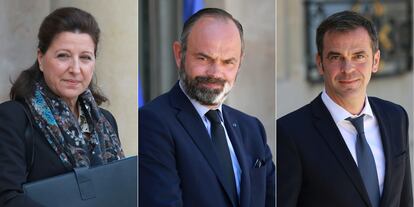 De izquierda a derecha, Agnès Buzyn, Édouard Philippe y Olivier Véran.