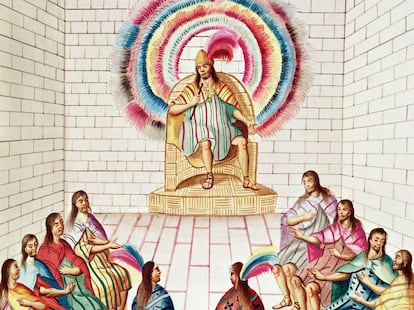 Una acuarela de rey Montezuma II (1466-1520) y su corte realizado por un anónimo en 1640 en la que se puede ver la importancia de las plumas.