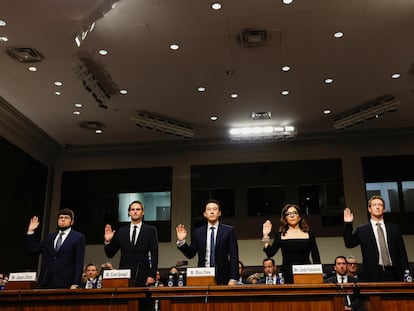 Meta's CEO Mark Zuckerberg, X Corp's CEO Linda Yaccarino,TikTok's CEO Shou Zi Chew and Discord's CEO Jason Citron are sworn in during the Senate Judiciary Committee hearing on online child sexual exploitation at the U.S. Capitol in Washington, U.S., January 31, 2024.