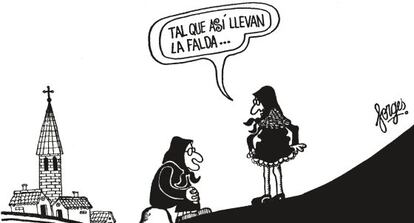 Una viñeta correspondiente a la primera década (1964-1974) como dibujante de Antonio Fraguas, Forges, con las mujeres de pueblo Cosma y Blasa de protagonistas.