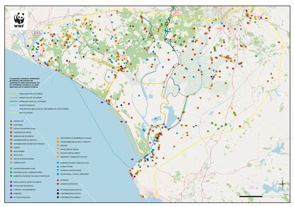 Mapa de Doñana con la ubicación de los problemas detectados por WWF España en su informe de 2020.