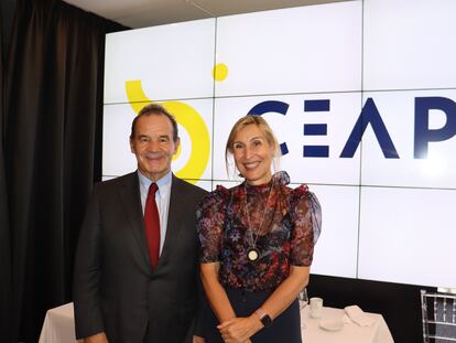El Secretario General Iberoamericano, Andrés Allamand, posa junto a la presidenta de Ceapi, Núria Vilanova, este martes en Madrid.