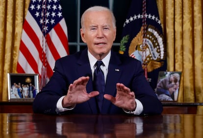 President Joe Biden speaks from the Oval Office of the White House Thursday, Oct. 19, 2023, in Washington.