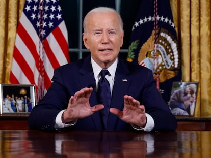 President Joe Biden speaks from the Oval Office of the White House Thursday, Oct. 19, 2023, in Washington.