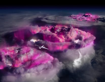 Una ilustración muestra al avión ER-2 de la NASA sobrevolando tormentas tropicales y las nubes de rayos gamma.