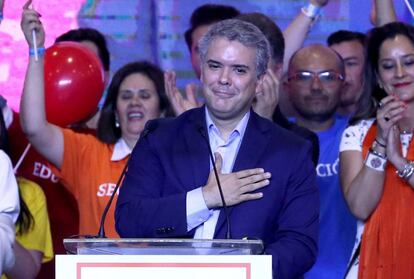 El candidato del partido uribista Centro Democrático, Iván Duque, tras ganar la primera vuelta de las elecciones presidenciales.