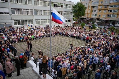 Flag-raising ceremony at a school in the Moscow suburb of Nakhabino.