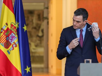 El presidente del Gobierno, Pedro Sánchez, al comparecer en La Moncloa para anunciar los nuevos nombramientos de ministros.