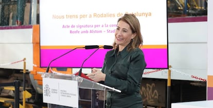 La ministra de Transportes, Raquel Sánchez, esta mañana durante el acto de adquisicón de 97 trenes para Rodalies.