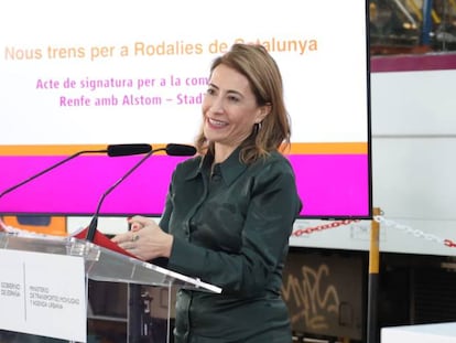 La ministra de Transportes, Raquel Sánchez, esta mañana durante el acto de adquisicón de 97 trenes para Rodalies.