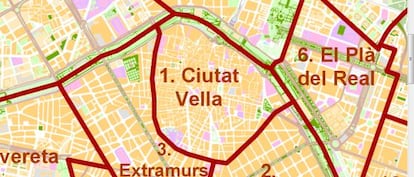 La zona de limitación a 30 kilómetros incluye todo el distrito de Ciutat Vella, la zona comprendida desde las antiguas murallas de la Valencia hacia el interior.