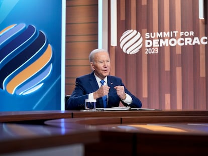 El presidente de EE UU, Joe Biden, durante su intervención en la cumbre virtual para la democracia, el 29 de marzo de 2023.