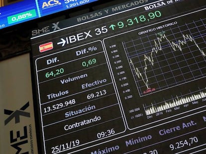Vista del índice del IBEX 35 en el parqué de la Bolsa de Madrid el pasado lunes. 