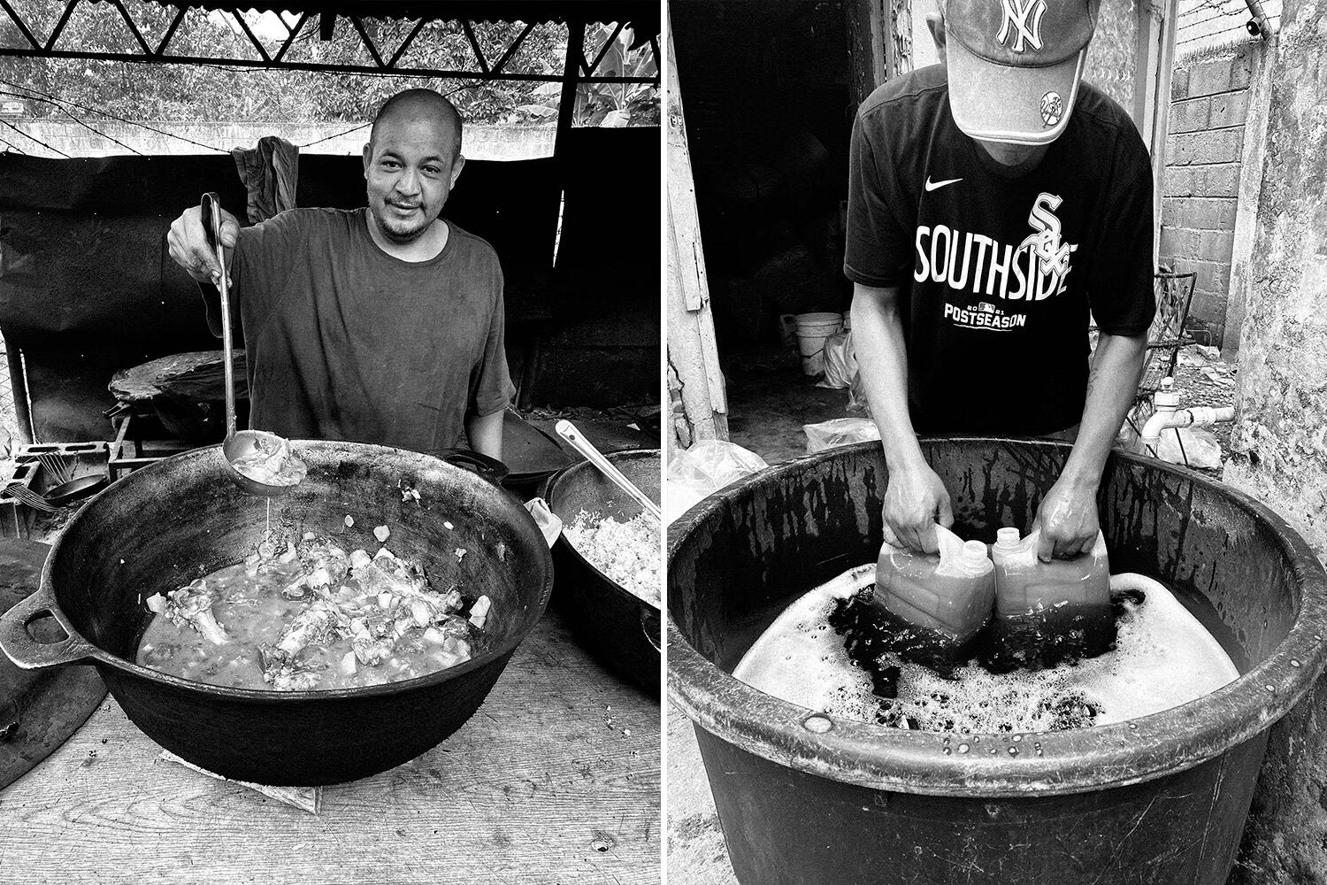 Hernán, uno de los internos, prepara un guiso a base de hueso de res que le regalan al Pastor J en el mercado. A la derecha, Ulises prepara desinfectante para el piso.