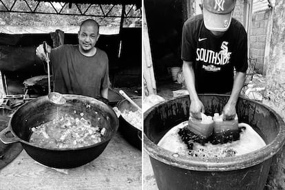 Hernán, uno de los internos, prepara un guiso a base de hueso de res que le regalan al Pastor J en el mercado. A la derecha, Ulises prepara desinfectante para el piso.