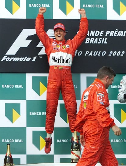 Los saltos de Michael Schumacher en el podio constituían un signo distintivo de la victoria.