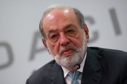 Carlos Slim, durante la conferencia de prensa el 12 de febrero de 2024.