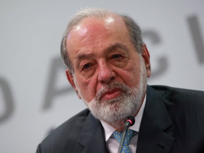 Carlos Slim, durante la conferencia de prensa el 12 de febrero de 2024.