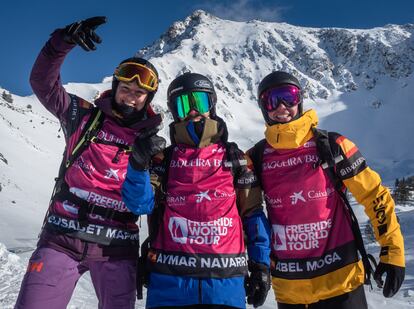 Eli Marina, Aymar Navarro y Abel Moga, españoles que compitieron este finde semana en Freeride World Tour en Baqueira Beret.