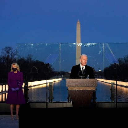 President-elect Joe Biden speaks during a COVID-19 memorial, with lights placed around the Lincoln Memorial Reflecting Pool, Tuesday, Jan. 19, 2021, in Washington. (AP Photo/Alex Brandon)