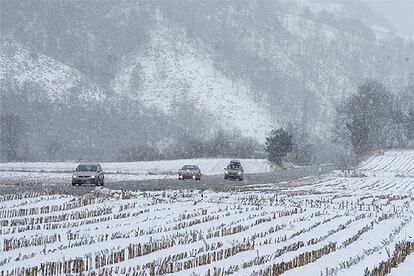 Varios vehículos circulan entre nieve por la C-38 en el término de la localidad gerundense de Sant Pau de Seguries.