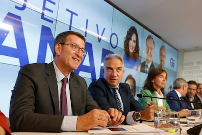 El líder del Partido Popular, Alberto Núñez Feijóo (a la izquierda), junto al coordinador general del PP, Elías Bendodo, durante la junta directiva nacional del PP, este lunes en Madrid.