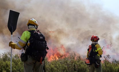 Los brigadistas trabajan en la extinción del Incendio forestal que afecta a Puercas (Zamora), en la Sierra de la Culebra, este martes.