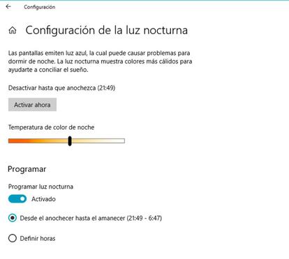 Aquí podemos configurar la luz nocturna de Windows 10