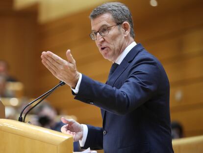 El presidente del PP, Alberto Núñez Feijóo, en el debate con Pedro Sánchez en el Senado, este martes.