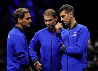 Federer, Nadal y Djokovic, hace dos años en la Laver Cup de Londres.
