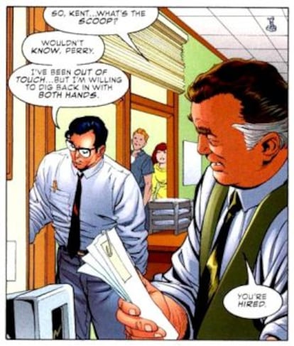 Viñeta en la que Clark Kent habla con el director del 'Daily Planet', Perry White.