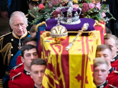 King Charles III during the funeral for his mother, Queen Elizabeth II at Westminster Abbey; September 19, 2022.