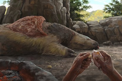 Ilustración de una persona del pleistoceno tallando las los huesos de un perezoso gigante.