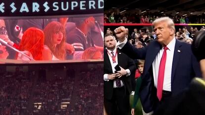 Fotomontaje de la cantante Taylor Swift y el presidente de Estados Unidos, Donald Trump, durante la Super Bowl de 2025.