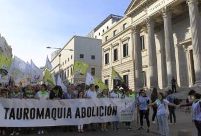 Los manifestantes, este sábado, frente al Congreso de los Diputados de Madrid.